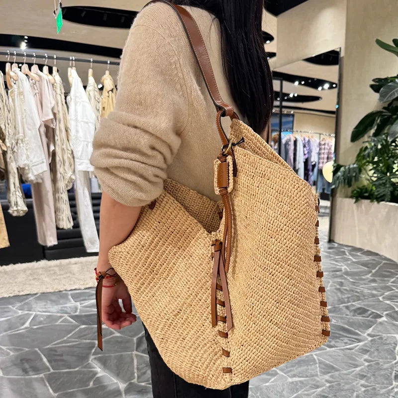 Sac À Main Femme En Paille Tissée Vintage - Grand Sac Bandoulière Pour Été 0