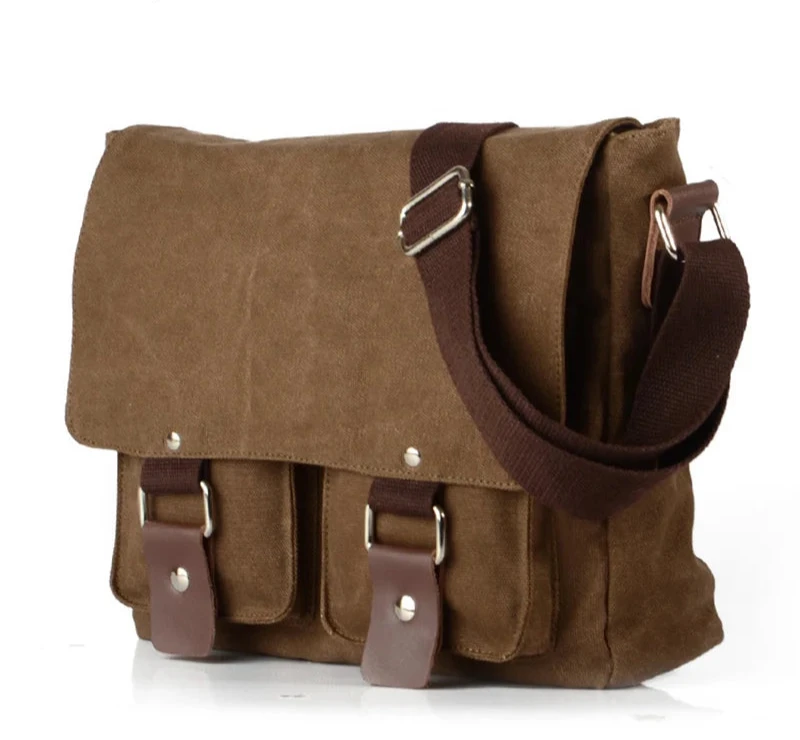 Sac à Bandoulière Rétro Imperméable 12 Pouces en Toile – Unisexe Vert Armée et Noir