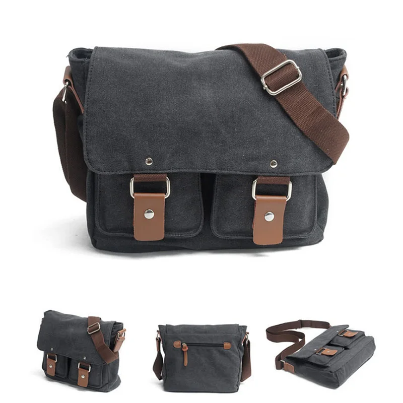 Sac à Bandoulière Rétro Imperméable 12 Pouces en Toile – Unisexe Vert Armée et Noir