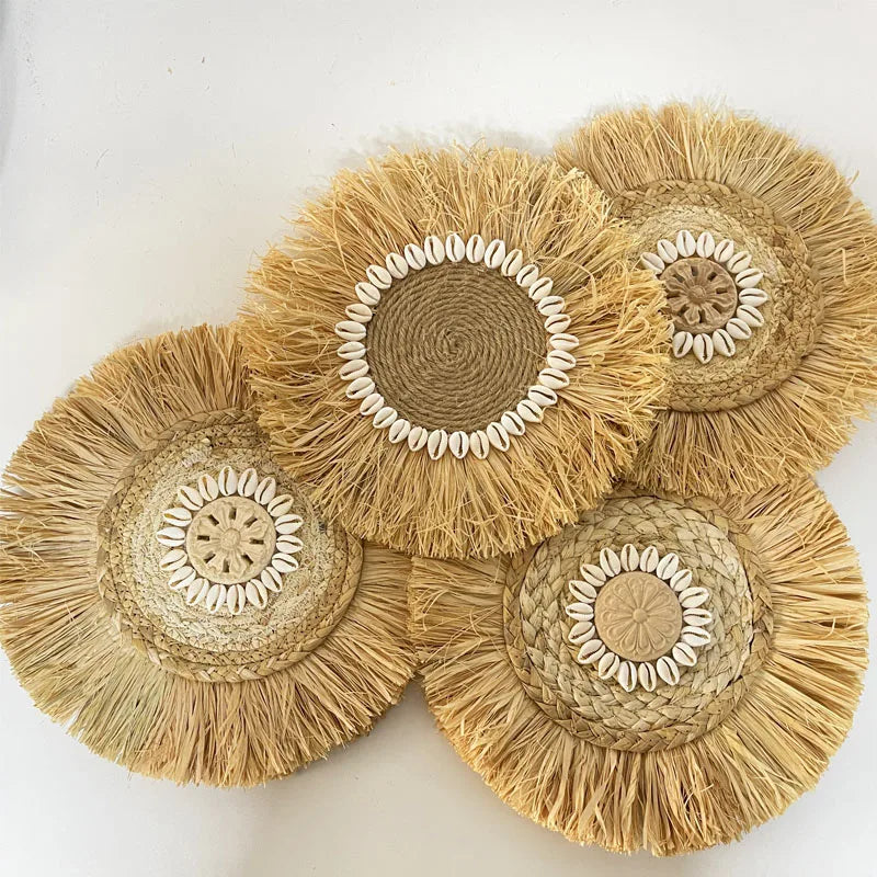 Décoration Murale Bohème en Raffia Naturel Fait Main – 30x30 cm, Accents Muraux Scandinaves pour Salon et Chambre