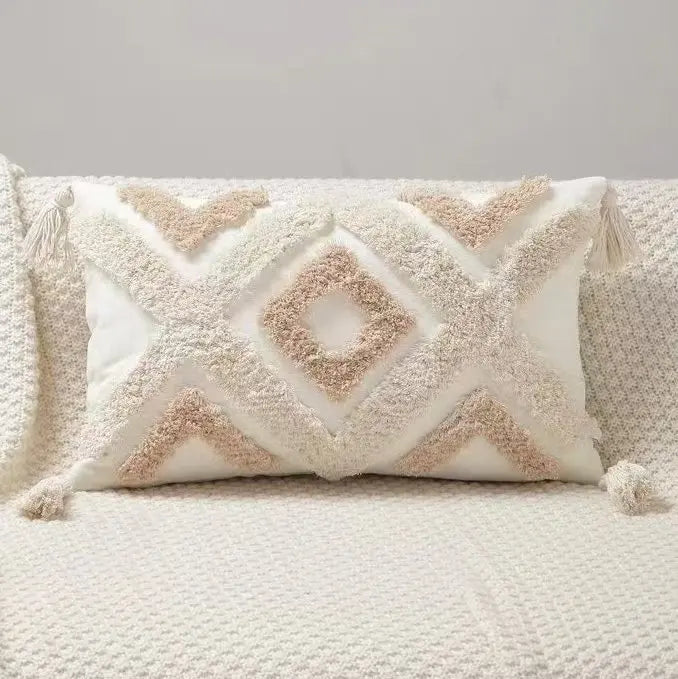 Taie d'oreiller géométrique en peluche avec pompons – Style bohème nordique pour coussins 45×45 cm , 30x50 cm , 40x40 cm