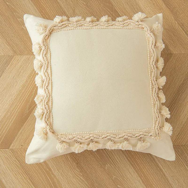 Coussin Décoratif pour Canapé 45x45 cm en Polyester et Coton avec Pompons – Style Nordique Élégant pour Salon