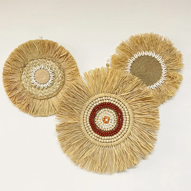 Décoration Murale Bohème en Raffia Naturel Fait Main – 30x30 cm, Accents Muraux Scandinaves pour Salon et Chambre