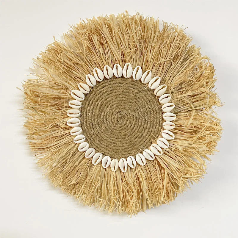 Décoration Murale Bohème en Raffia Naturel Fait Main – 30x30 cm, Accents Muraux Scandinaves pour Salon et Chambre