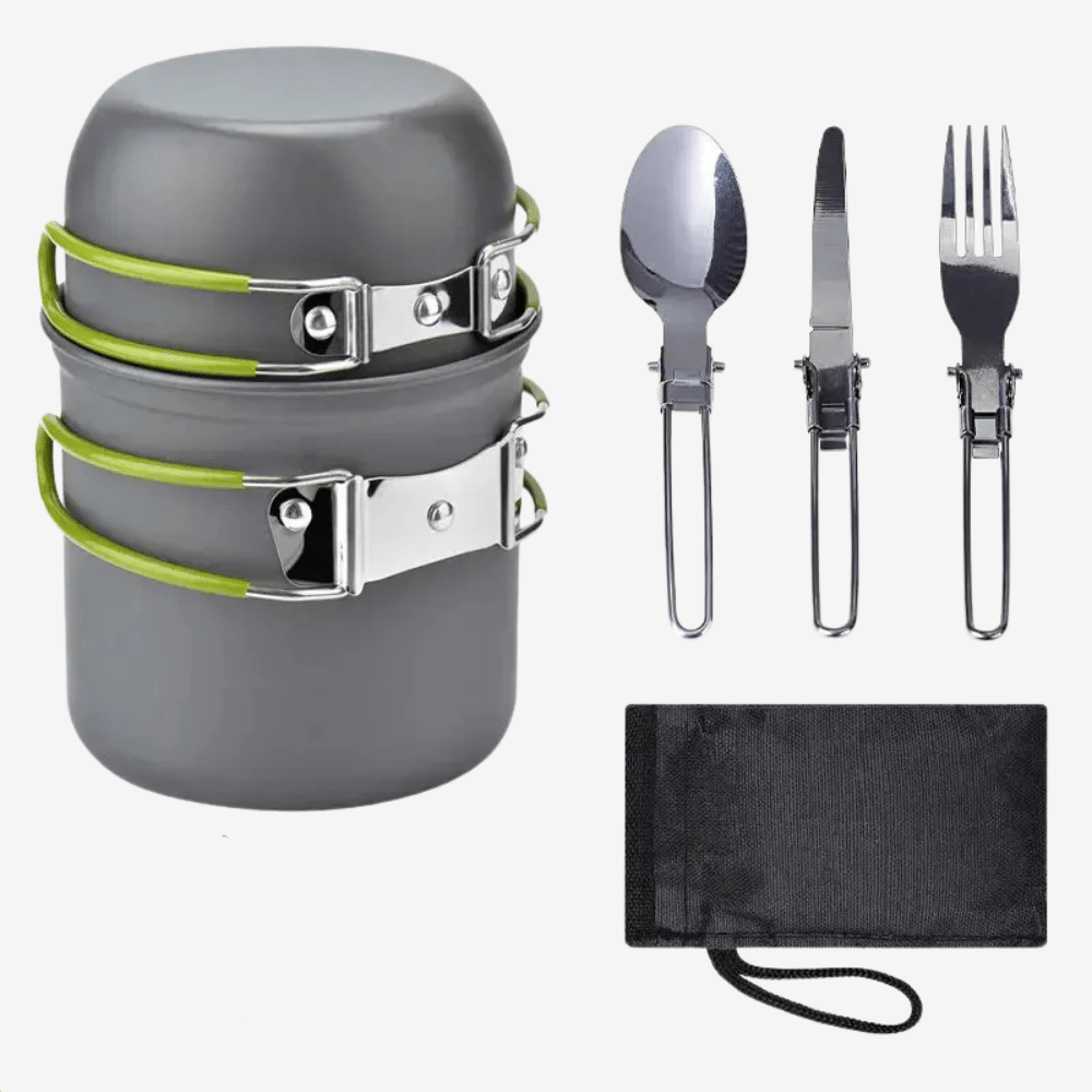 Set de Cuisine de Camping Léger en Aluminium Anodisé – Compact avec Ustensiles Pliables et Sac de Transport