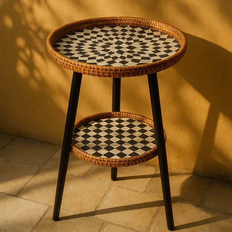 Table Basse Bois en Rotin à Double Niveau avec Plateau Mosaïque Artistique 0