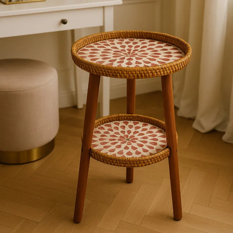 Table Basse Bois en Rotin à Double Niveau avec Plateau Mosaïque Artistique 1