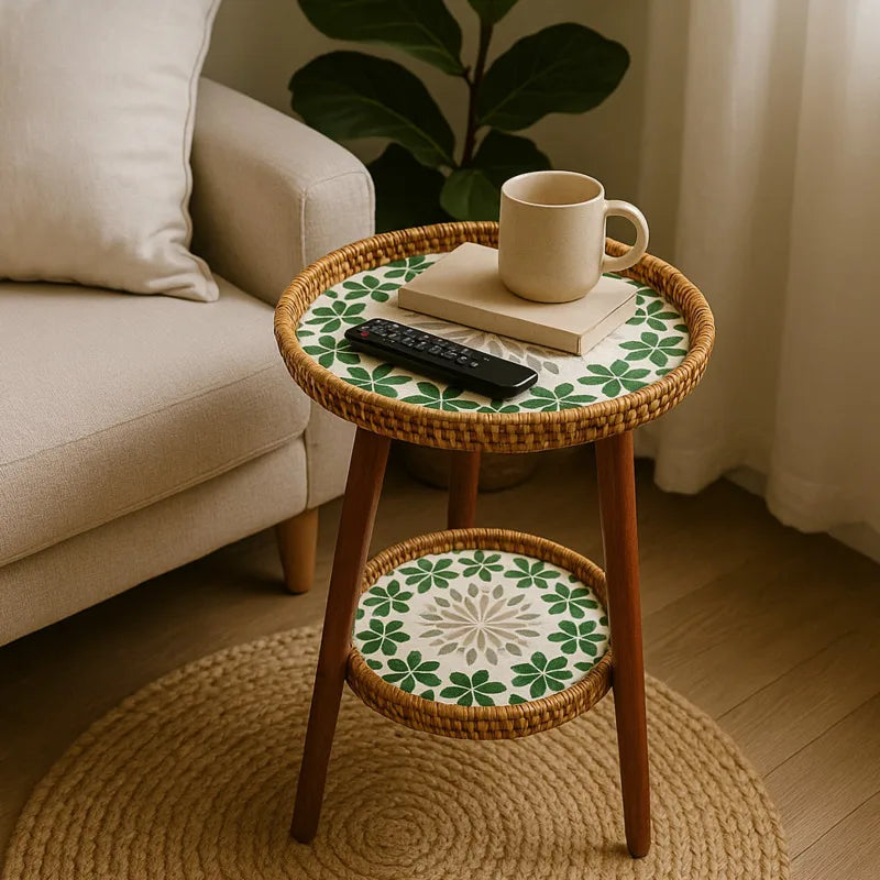 Table Basse Bois en Rotin à Double Niveau avec Plateau Mosaïque Artistique 3