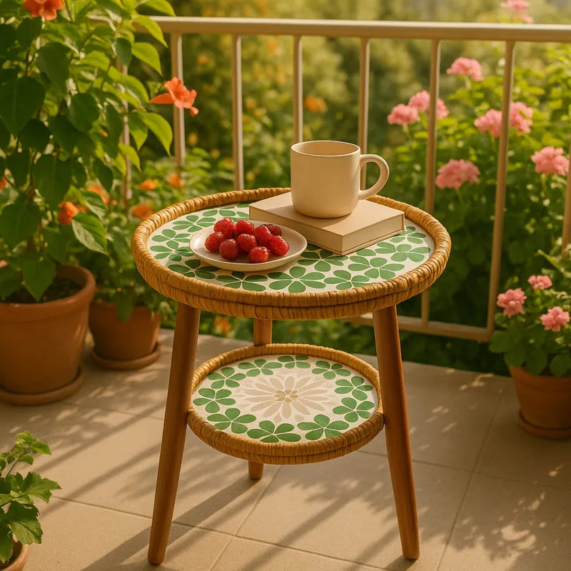 Table Basse Bois en Rotin à Double Niveau avec Plateau Mosaïque Artistique 4
