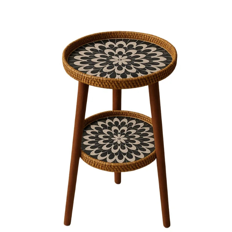 Table Basse Bois en Rotin à Double Niveau avec Plateau Mosaïque Artistique 5