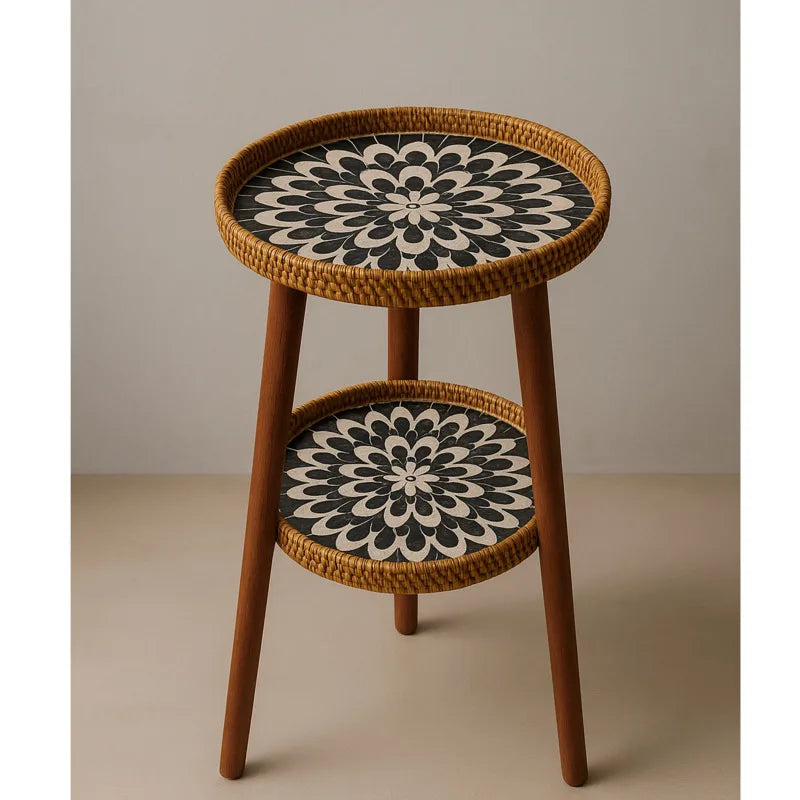 Table Basse Bois en Rotin à Double Niveau avec Plateau Mosaïque Artistique 6